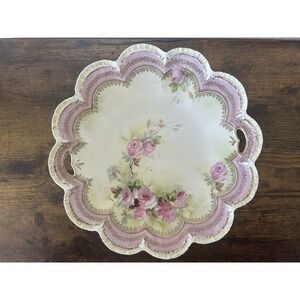 Antique RS Prussia Germany Cake 11" Plate Hand Painted Pink Floral Scalloped Edg